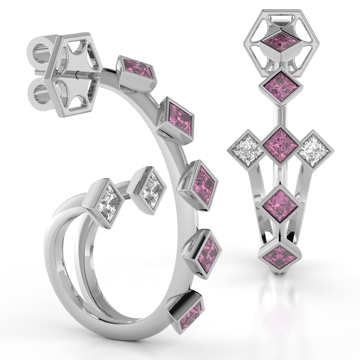 The Mingled Princesses Earrings - Double Twins - Medium Size - 18K / Platinum