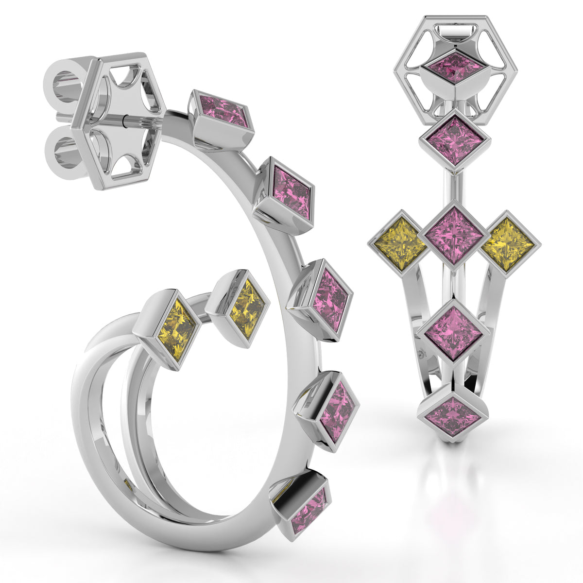 The Mingled Princesses Earrings - Double Twins - Medium Size - 18K / Platinum