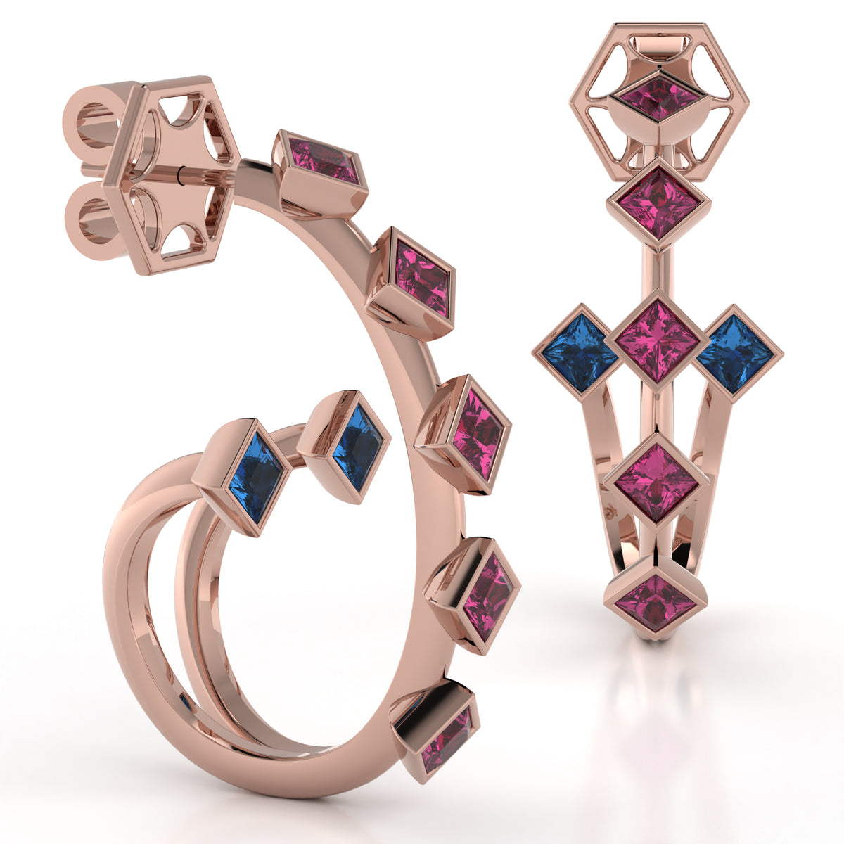 The Mingled Princesses Earrings - Double Twins - Medium Size - 18K / Platinum