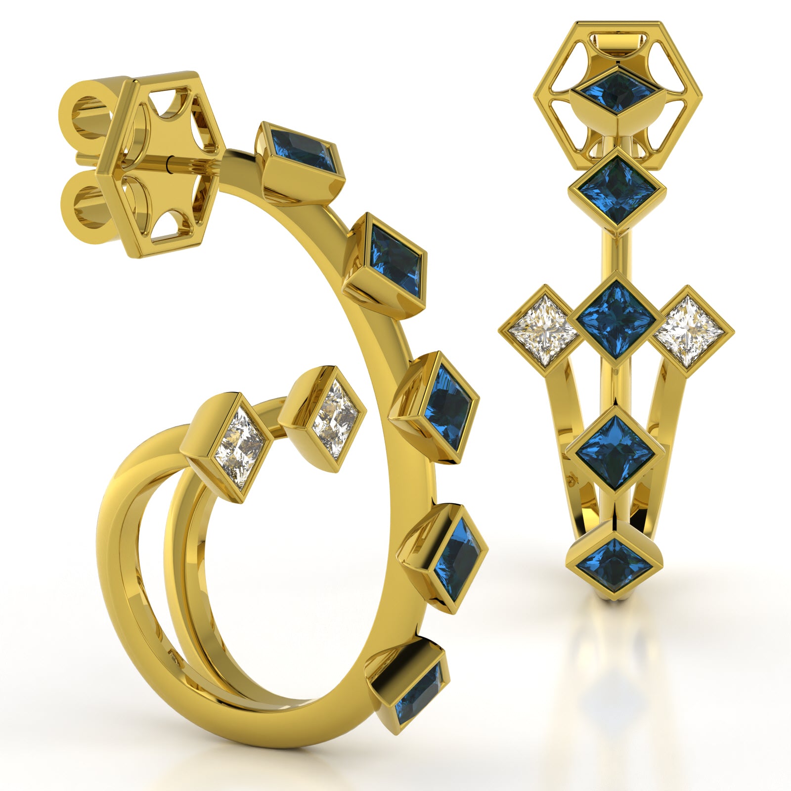 The Mingled Princesses Earrings - Double Twins - Medium Size - 18K / Platinum