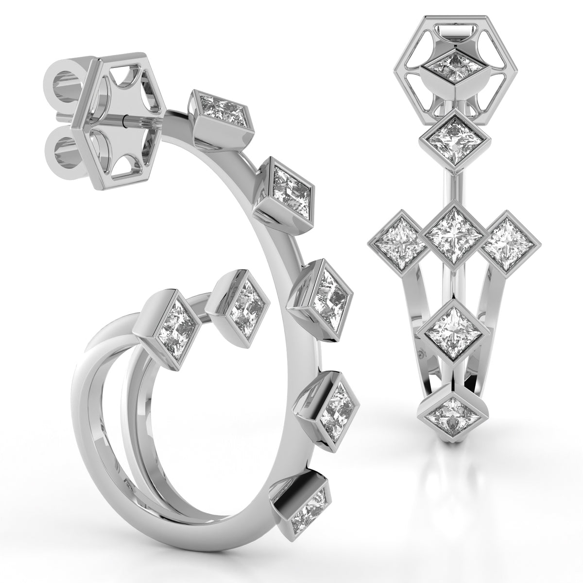 The Mingled Princesses Earrings - Double Twins - Medium Size - 18K / Platinum
