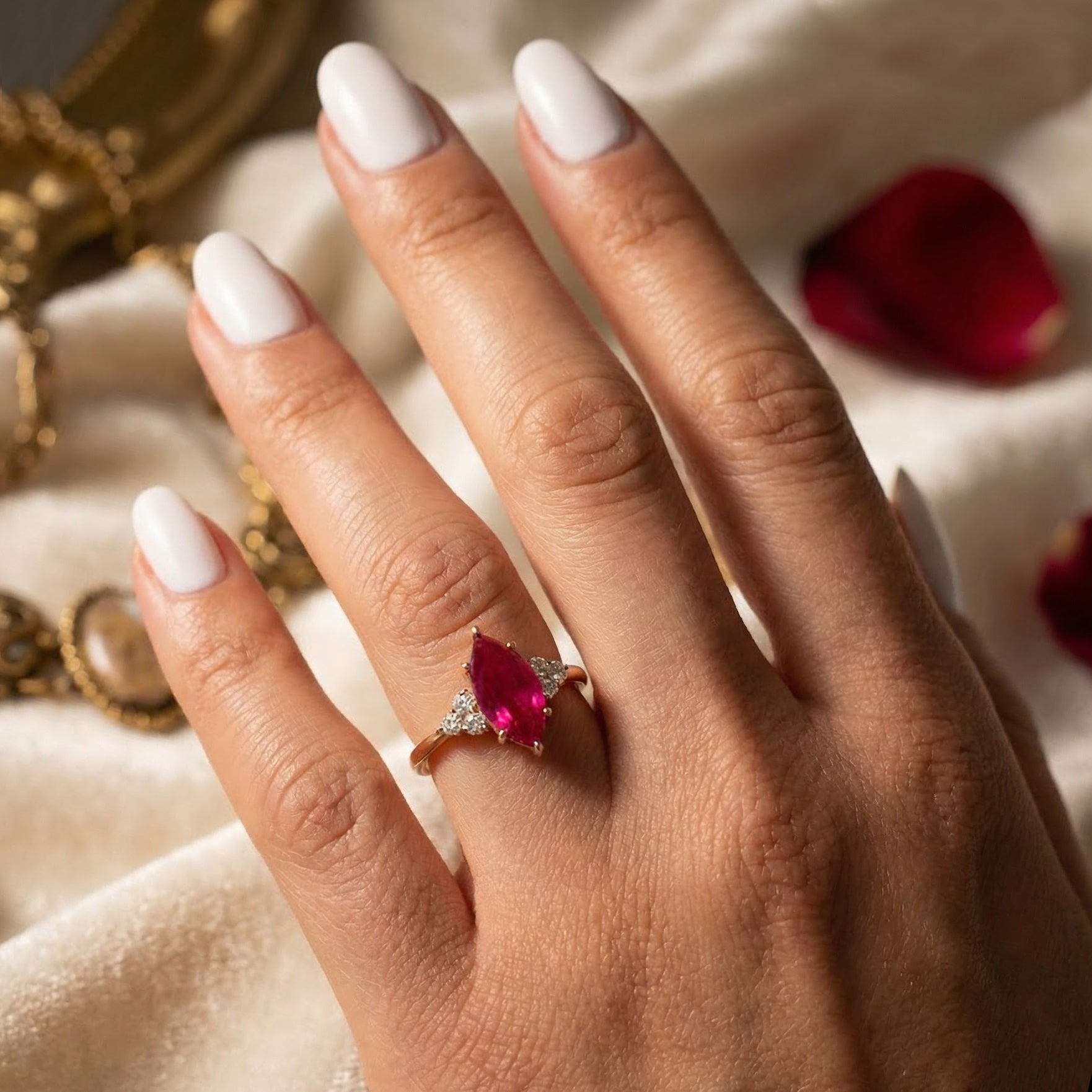 Natural Ruby 3.0ct Marquise Ring - Natural Diamond Accent - July Birthstone