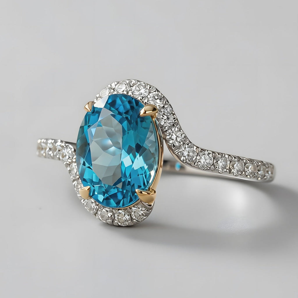 Natural Blue Topaz 2.50ct Oval Ring - Natural Diamond Accent - December Birthstone