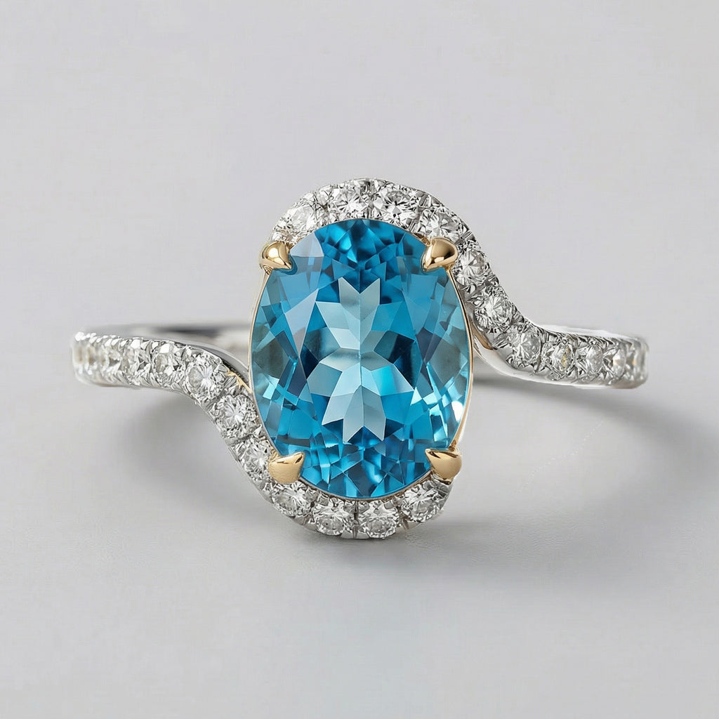 Natural Blue Topaz 2.50ct Oval Ring - Natural Diamond Accent - December Birthstone