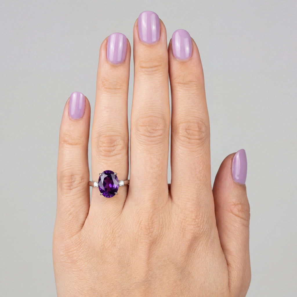 2.5ct Oval Amethyst 3 Stone Ring - Natural Stone - February Birthstone