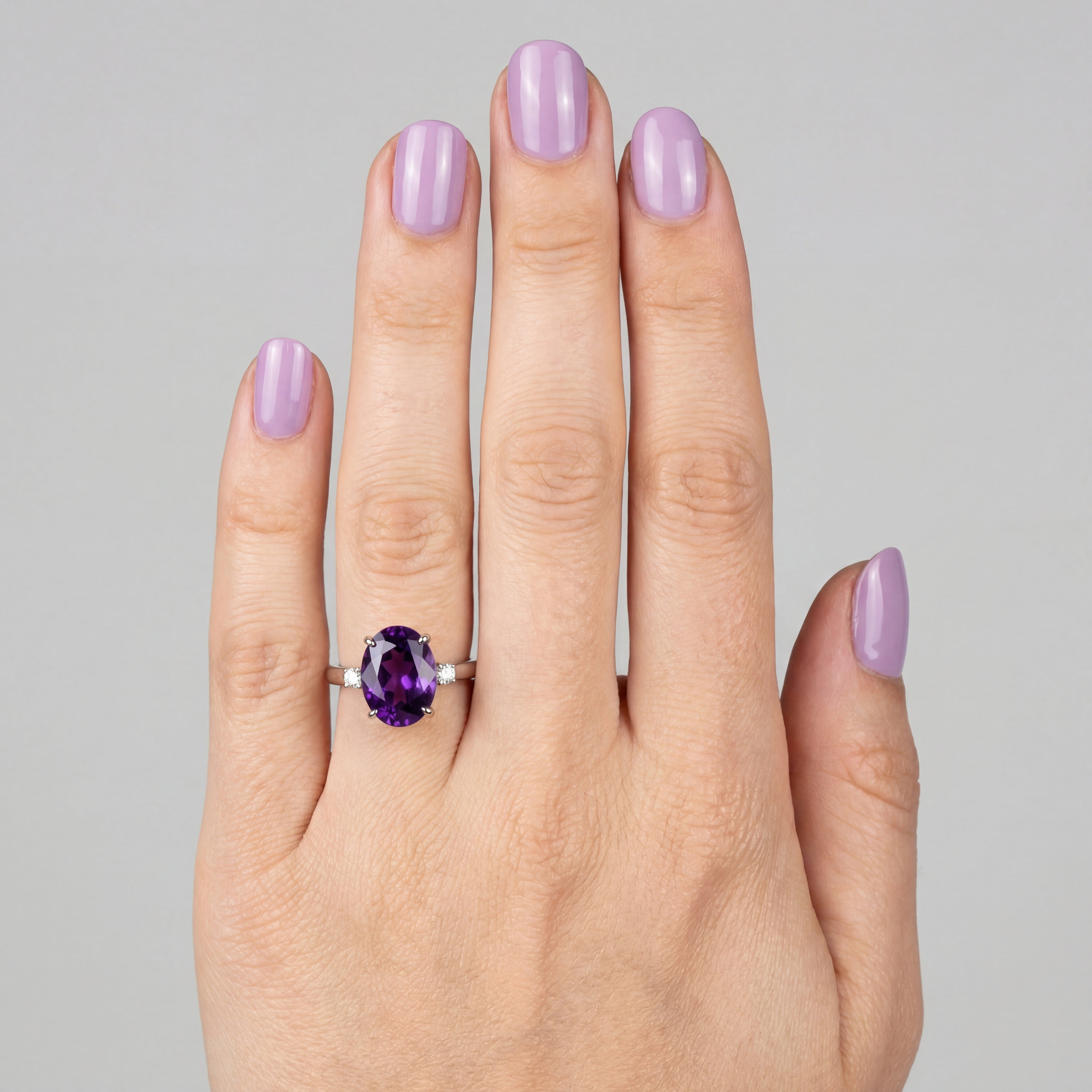 2.5ct Oval Amethyst 3 Stone Ring - Natural Stone - February Birthstone