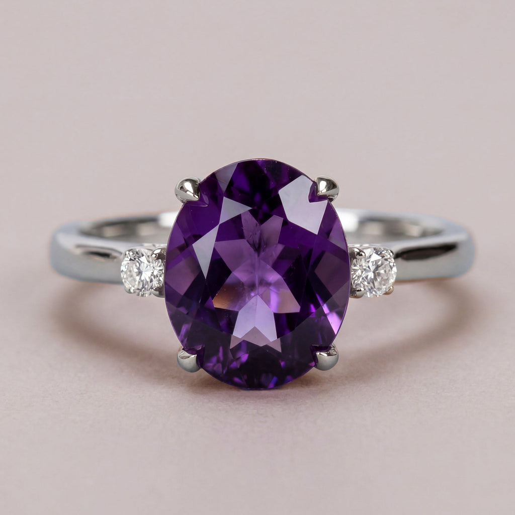 2.5ct Oval Amethyst 3 Stone Ring - Natural Stone - February Birthstone