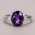 2.5ct Oval Amethyst 3 Stone Ring - Natural Stone - February Birthstone