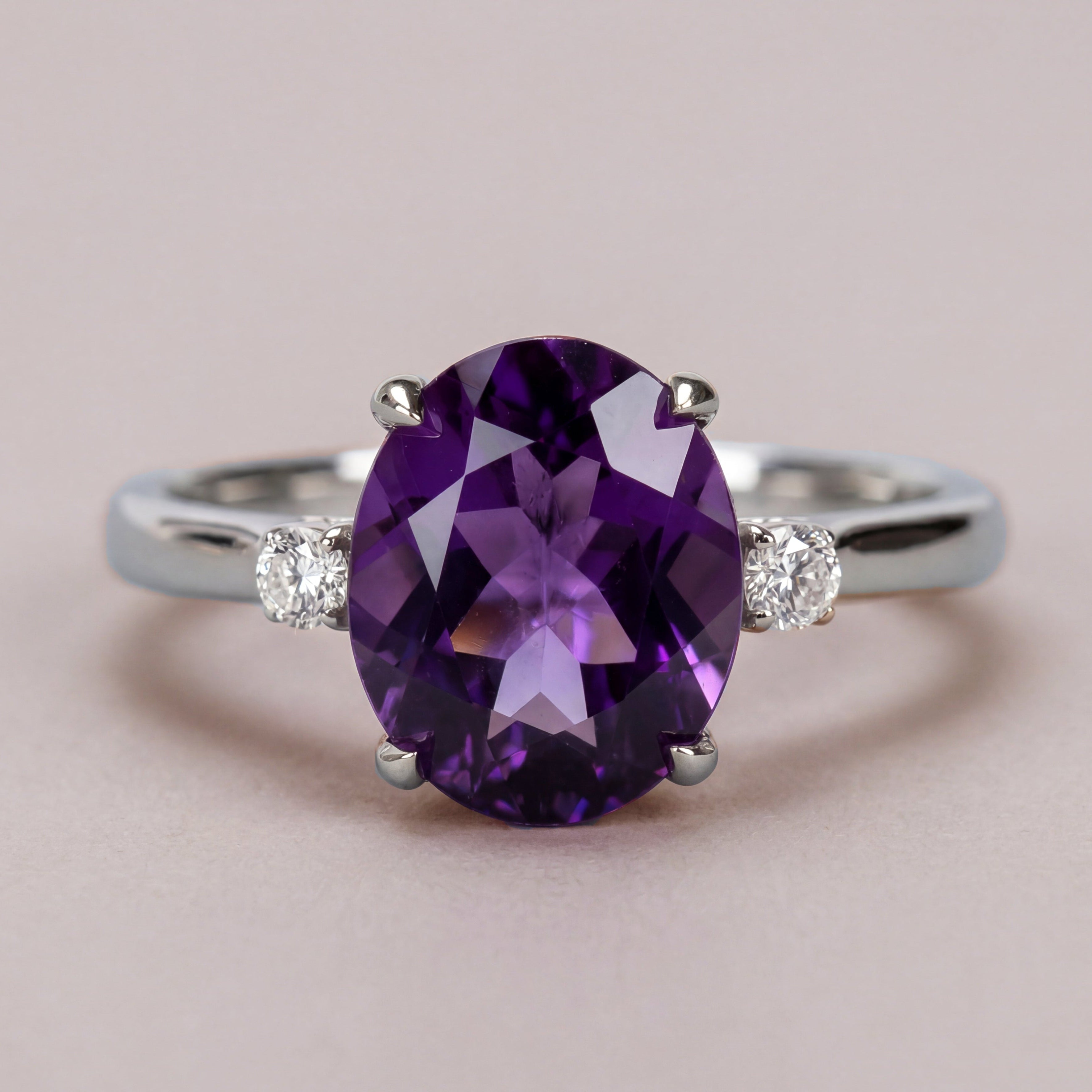 2.5ct Oval Amethyst 3 Stone Ring - Natural Stone - February Birthstone