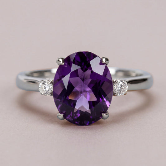 2.0ct Oval Amethyst 3 Stone Ring - Natural Stone - February Birthstone