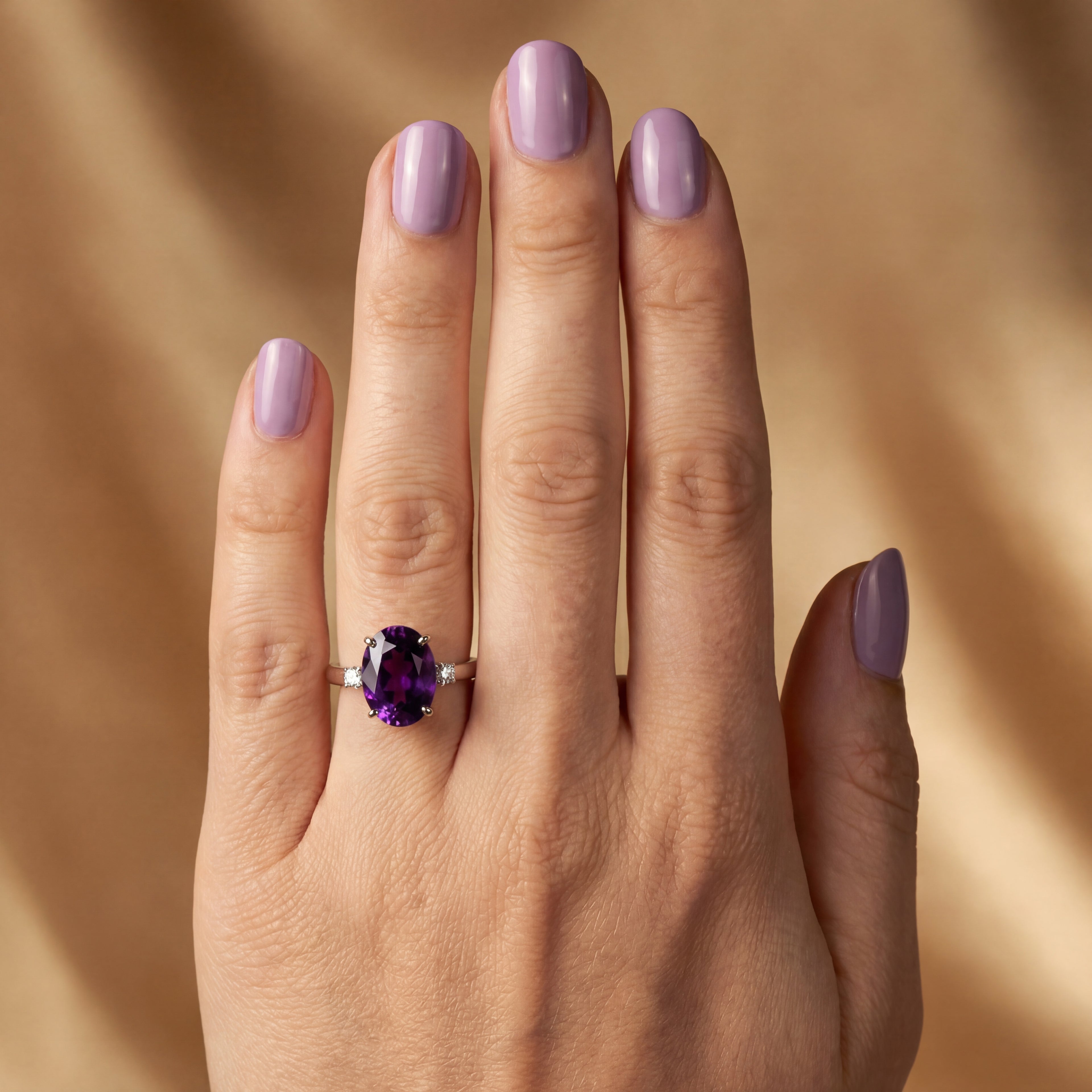 2.5ct Oval Amethyst 3 Stone Ring - Natural Stone - February Birthstone