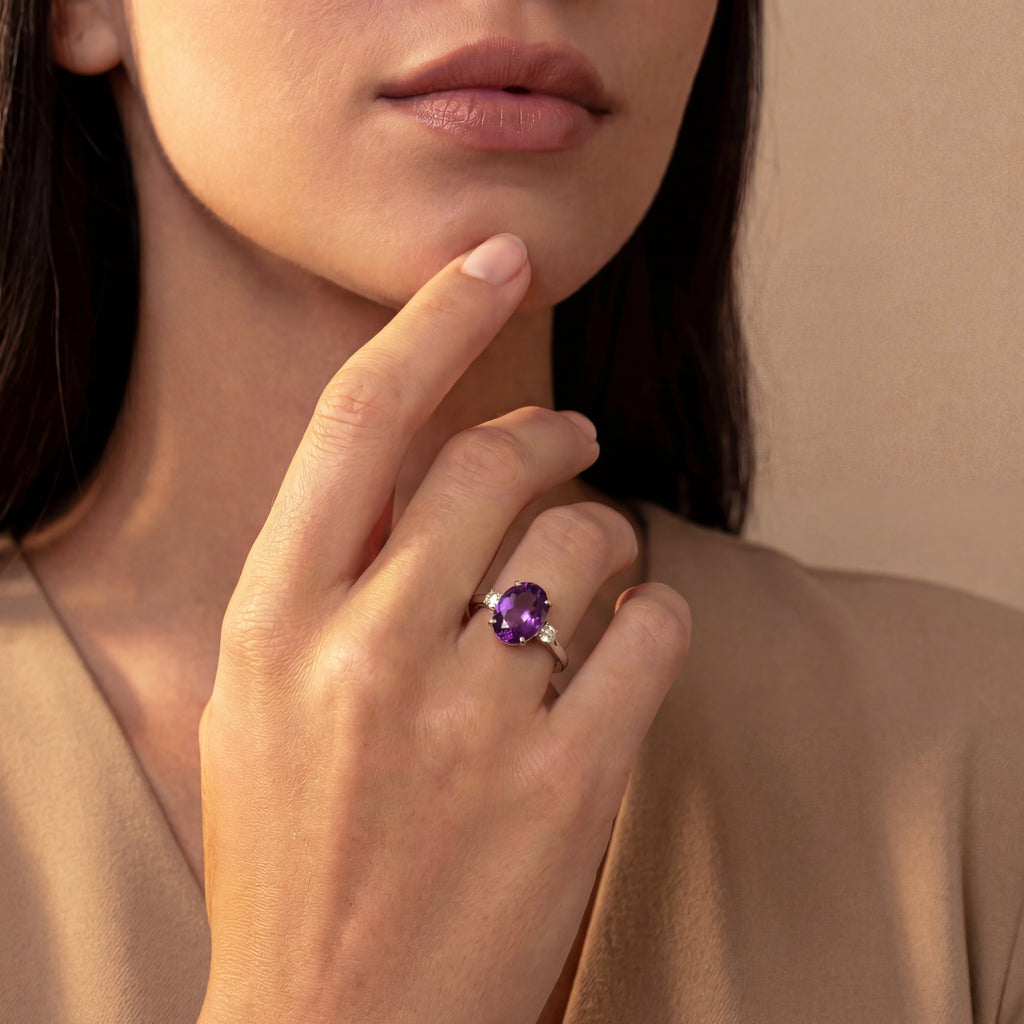 2.5ct Oval Amethyst 3 Stone Ring - Natural Stone - February Birthstone
