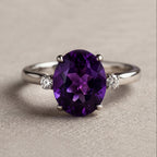 2.5ct Oval Amethyst 3 Stone Ring - Natural Stone - February Birthstone