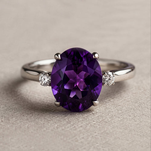 2.5ct Oval Amethyst 3 Stone Ring - Natural Stone - February Birthstone