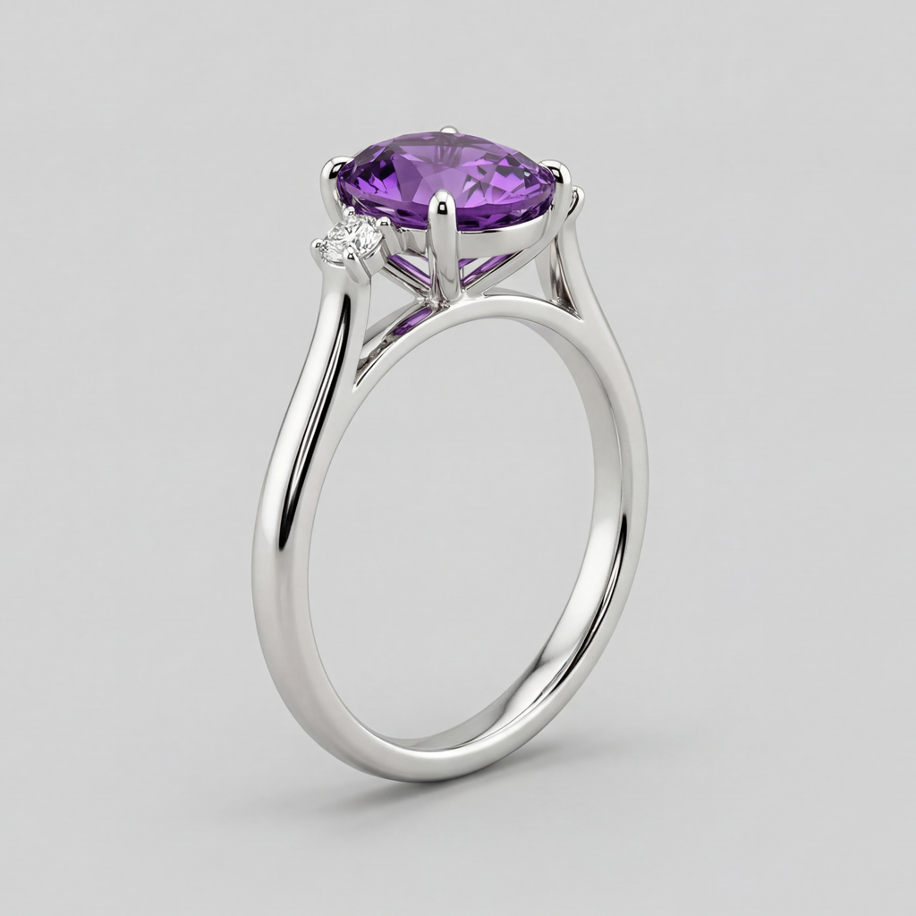 2.5ct Oval Amethyst 3 Stone Ring - Natural Stone - February Birthstone