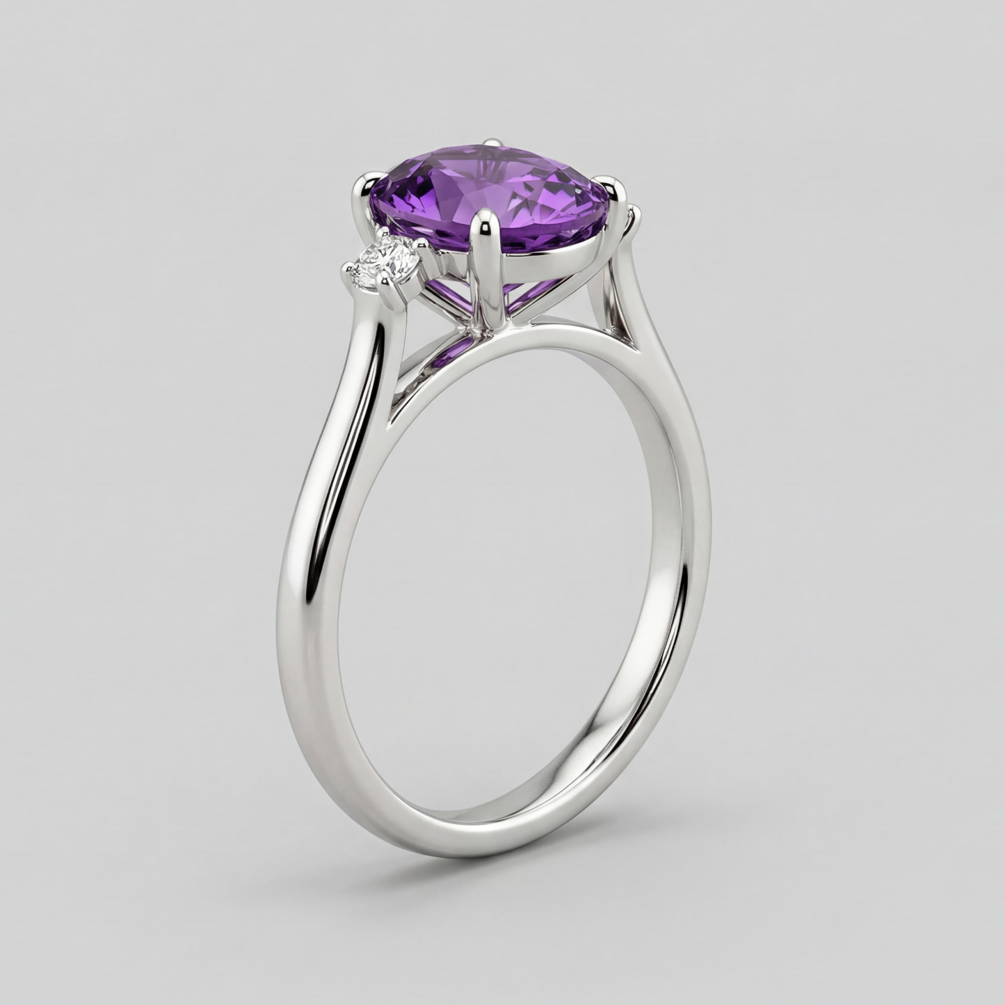 2.0ct Oval Amethyst 3 Stone Ring - Natural Stone - February Birthstone