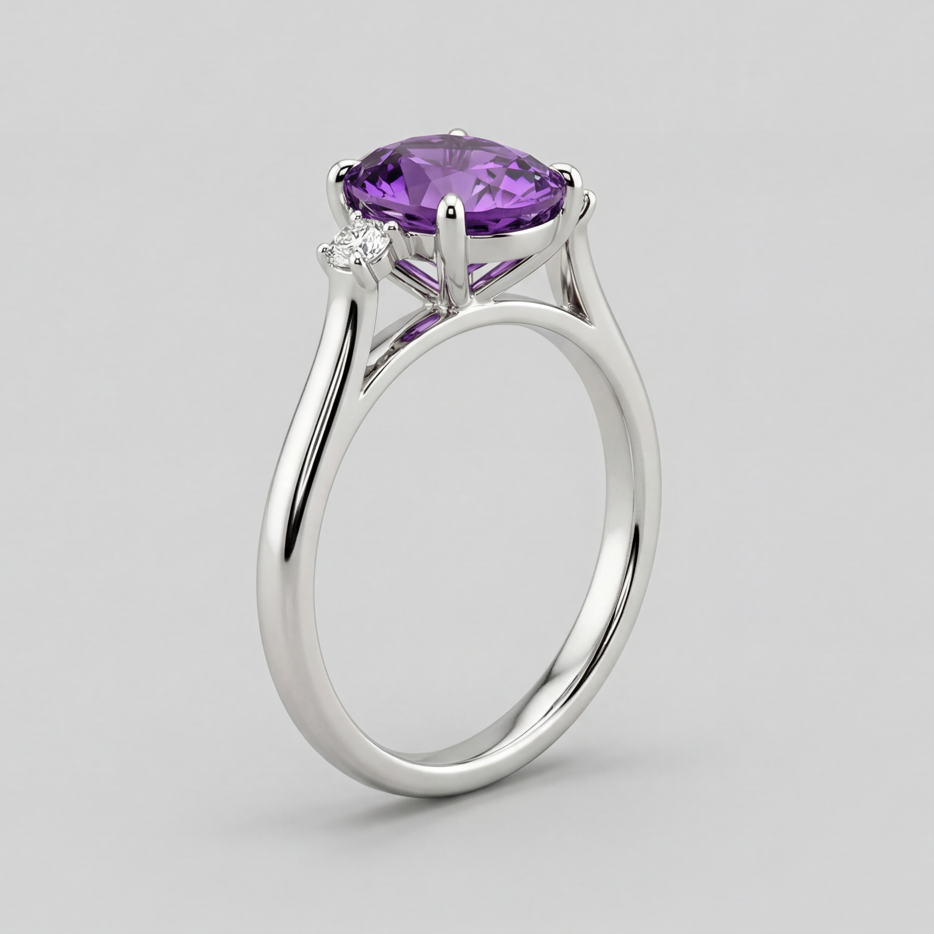 2.5ct Oval Amethyst 3 Stone Ring - Natural Stone - February Birthstone