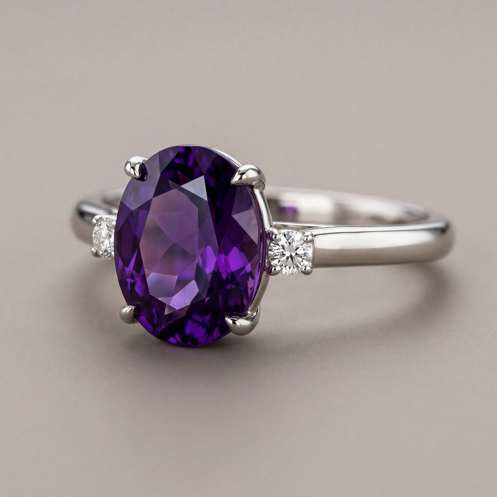 2.5ct Oval Amethyst 3 Stone Ring - Natural Stone - February Birthstone
