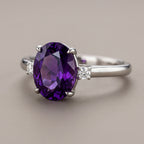 2.5ct Oval Amethyst 3 Stone Ring - Natural Stone - February Birthstone